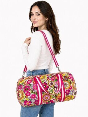 Retired Vera Bradley Jazzy Blooms Large Barrel Duffel Travel Bag Like New